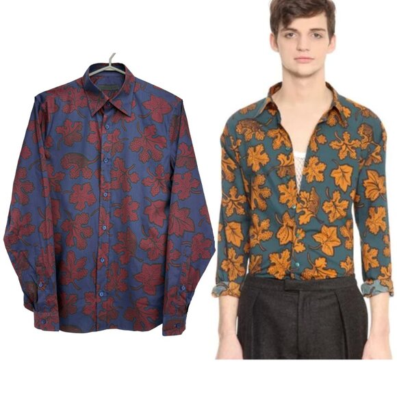 BURBERRY Prorsum Leaf Print Cotton Silk Made in Italy Blue/Red Shirt 37 / 14.5 - Picture 1 of 10